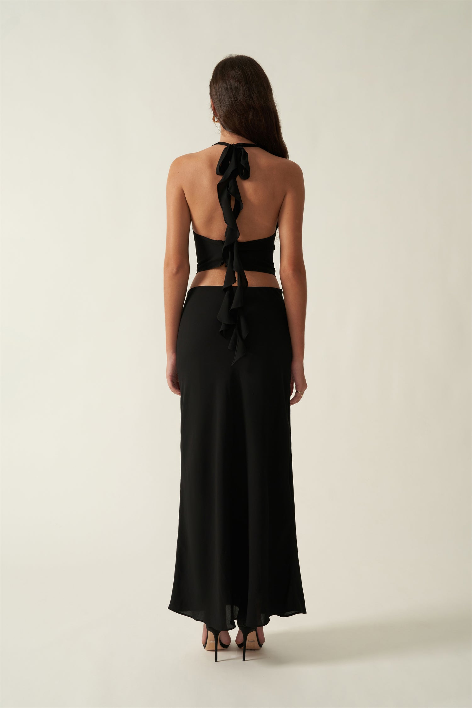 The Venus suit Drapey Sheer Halter Top with Puff Ruffle Trim