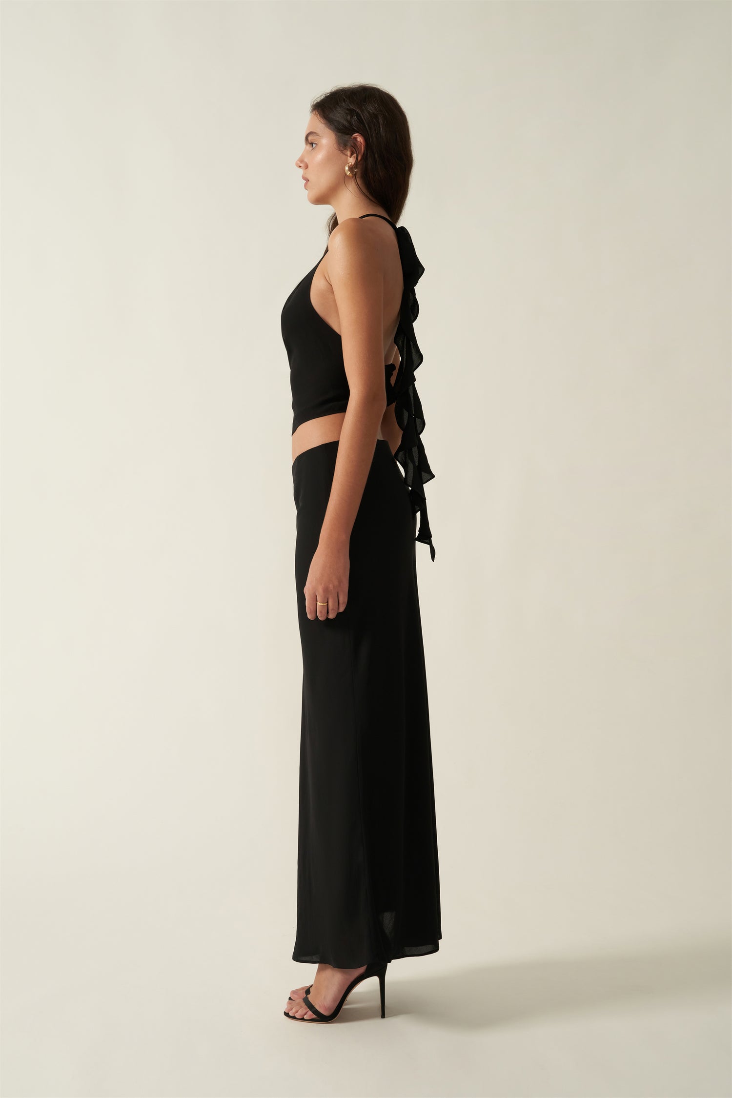 The Venus suit Drapey Sheer Halter Top with Puff Ruffle Trim