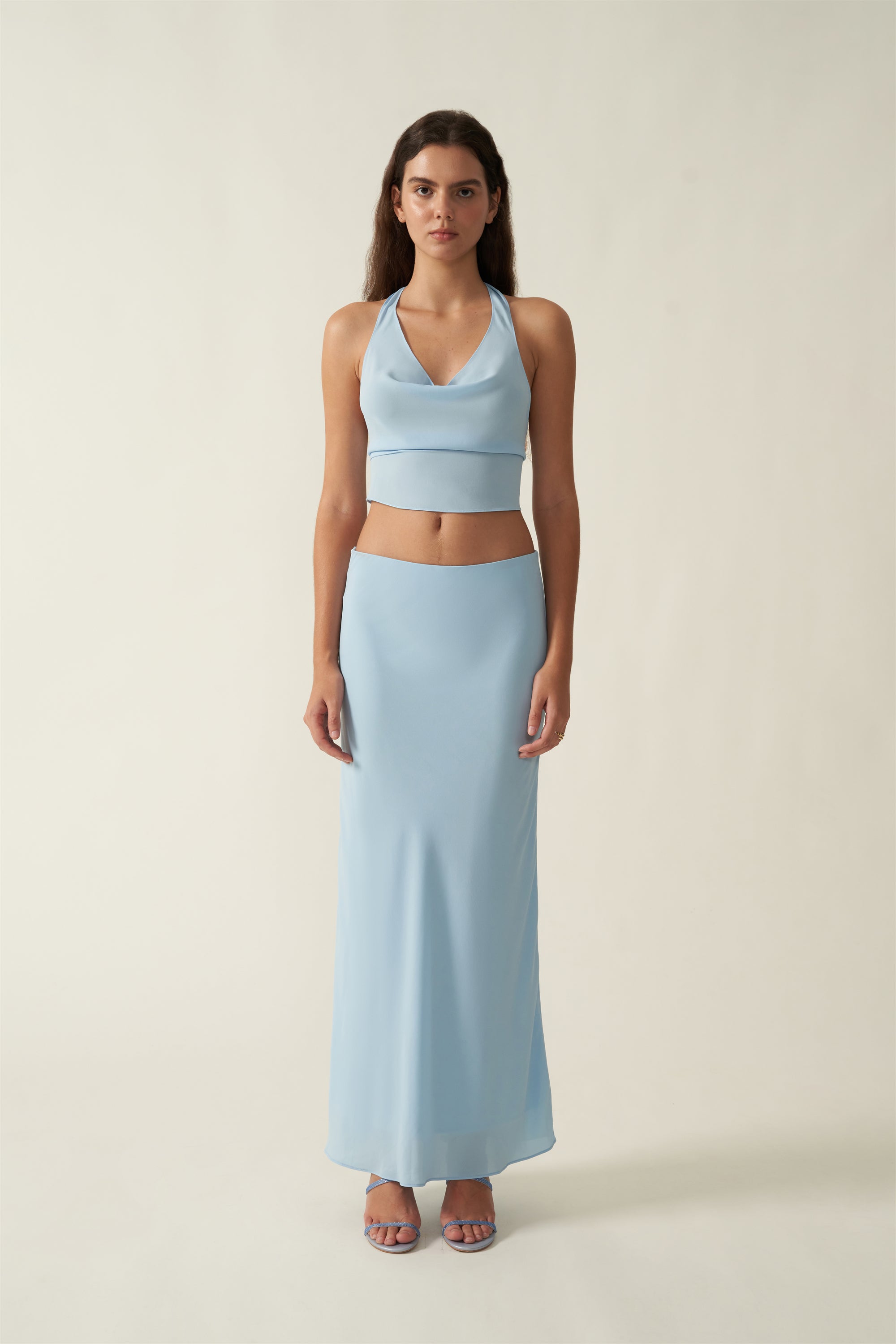 The Venus suit Drapey Sheer Halter Top with Puff Ruffle Trim