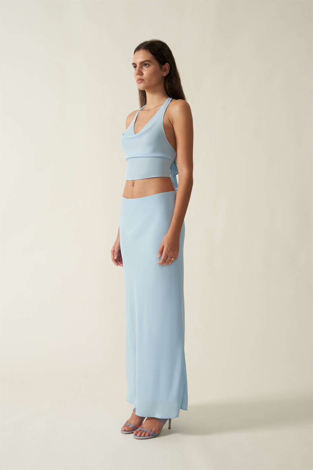 The Venus suit Drapey Sheer Halter Top with Puff Ruffle Trim