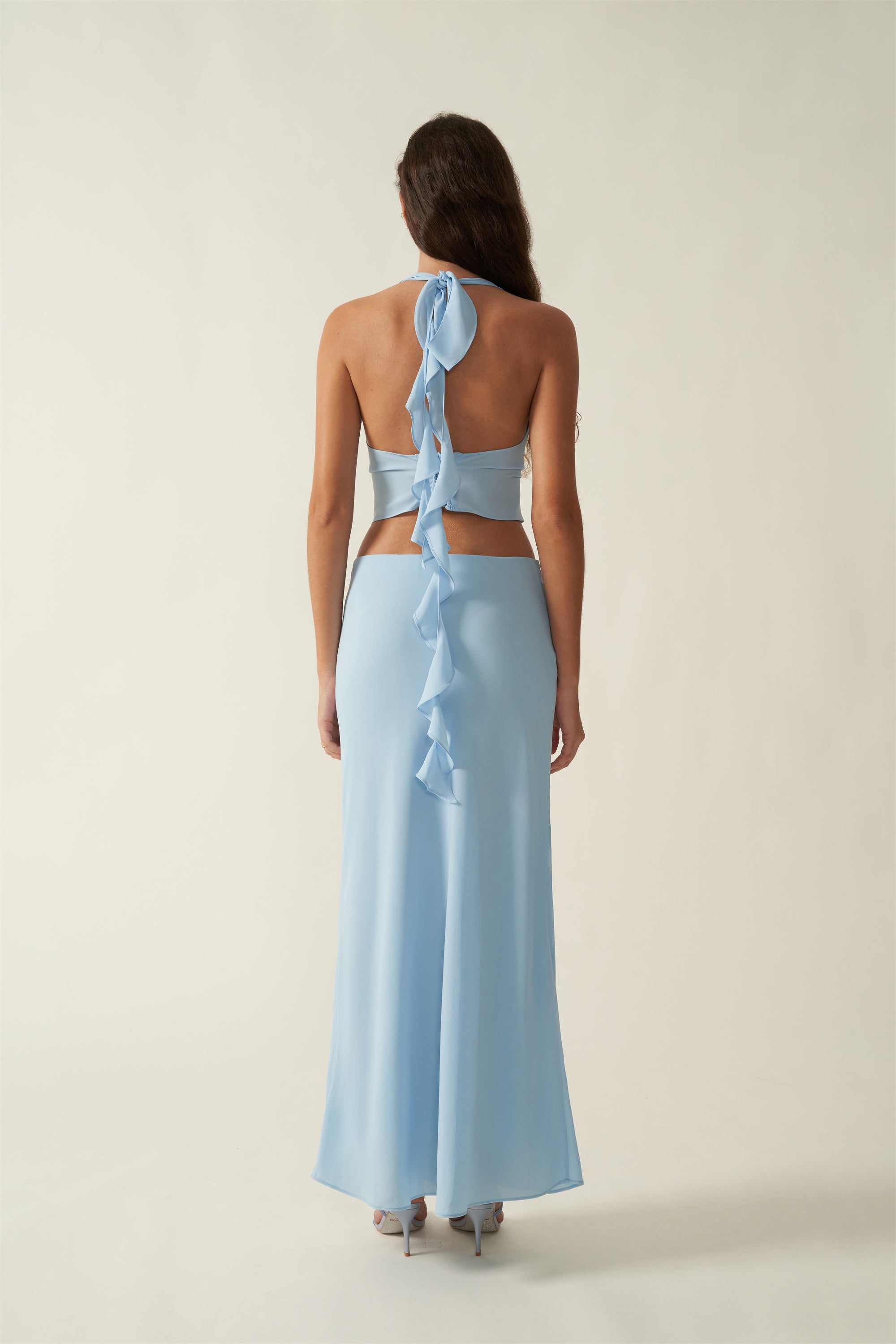 The Venus suit Drapey Sheer Halter Top with Puff Ruffle Trim